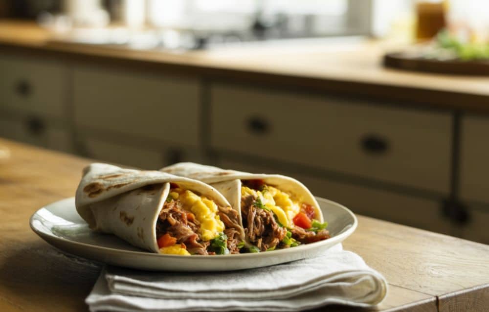 pulled pork breakfast burritos